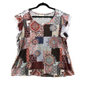 Bobbie & Brooks Plus 1X Womens Top Patchwork Boho Crochet Lace Flutter Sleeve